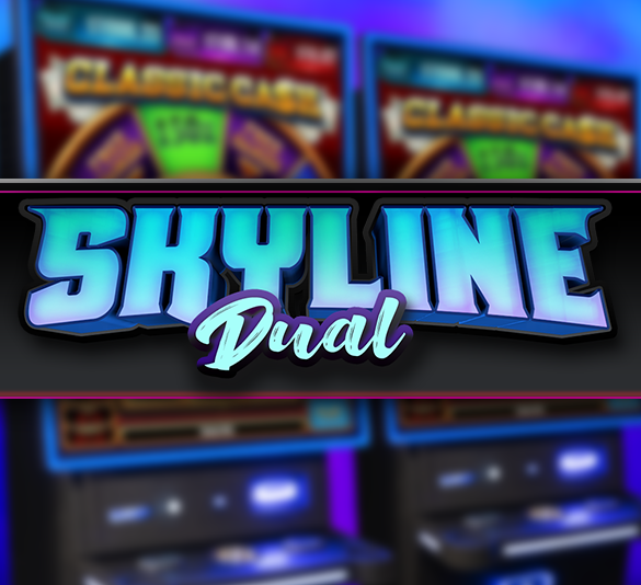 Skyline Dual logo with cabinets and games in background